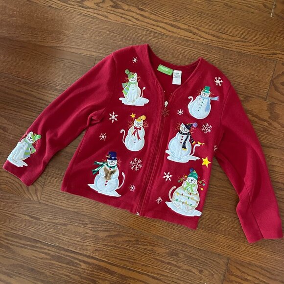 Vintage 80s Christmas CAT Full Zip Embroidered Sweater Size Petite Large Snowman - Picture 9 of 12